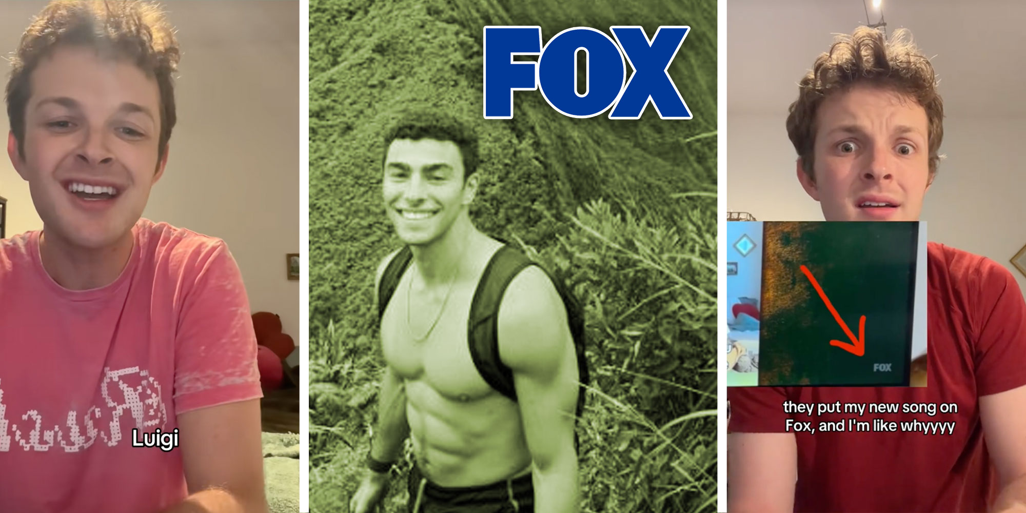 A screenshot of Tiktok user @jake_amazing with the caption "Luigi"; a photo of Luigi Mangione with the Fox logo; a screenshot of Tiktok user @jake_amazing with the caption "they put my new song on Fox, and I'm like whyyyy".