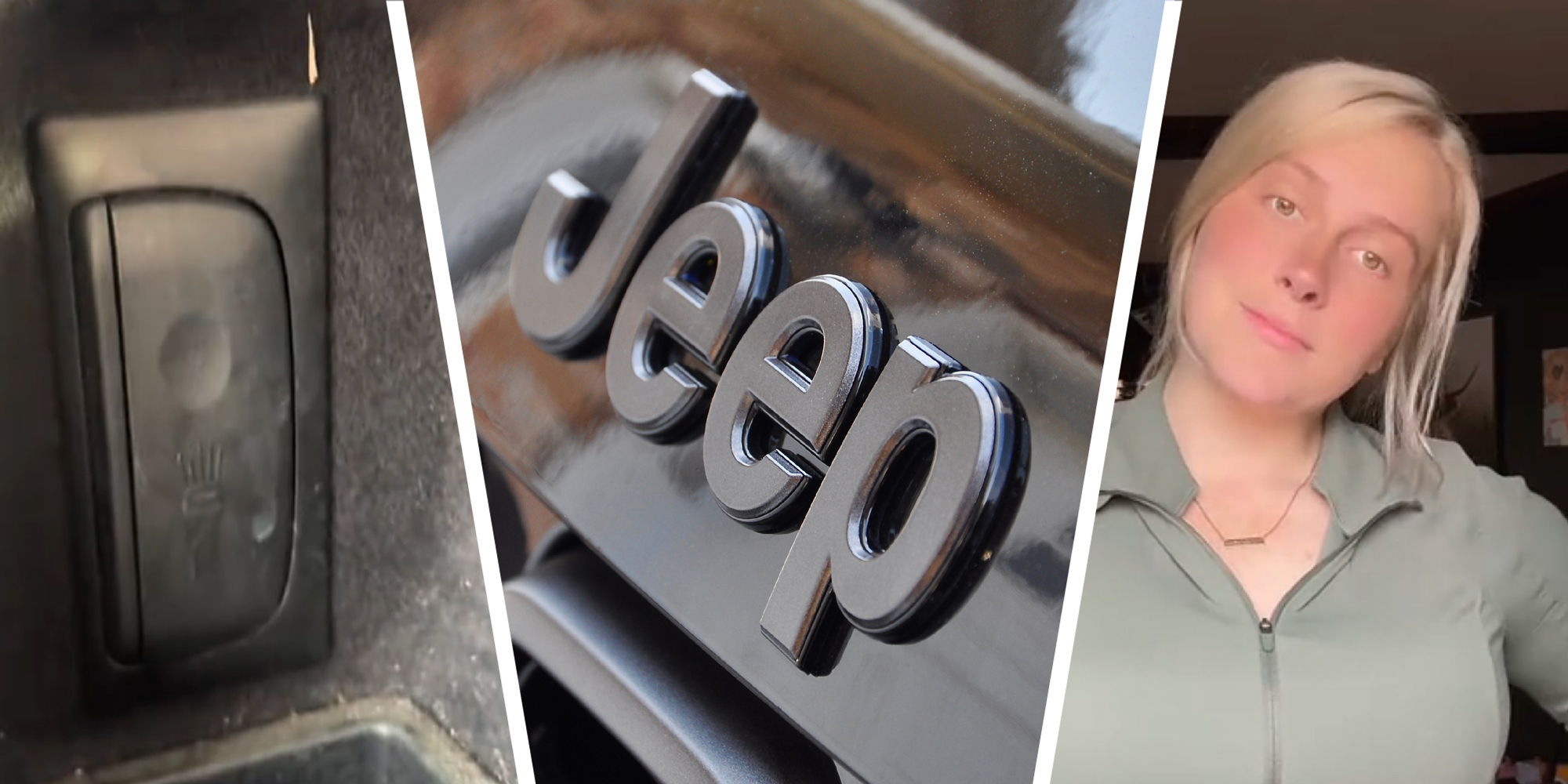 3 panel image showing on the left the interior of a car, in the middle the Jeep logo, and on the right a person explaining.