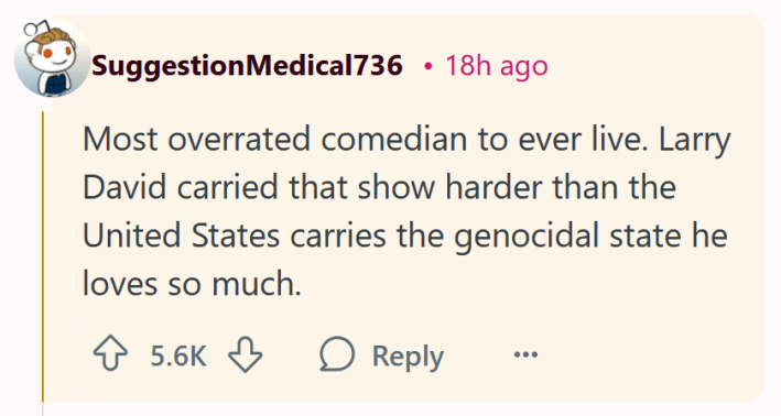Reddit comment reading "Most overrated comedian to ever live. Larry David carried that show harder than the United States carries the genocidal state he loves so much."