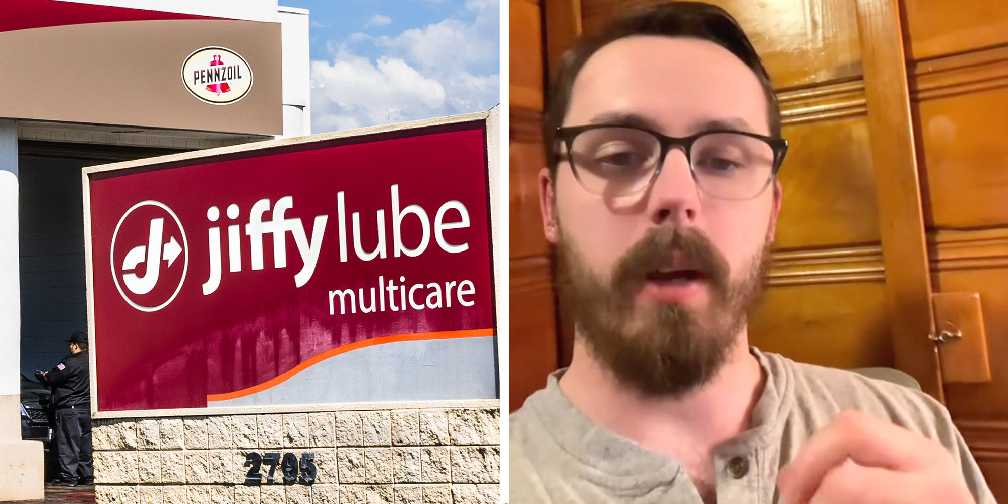 a Jiffy Lube exterior sign; a screenshot of Tiktok user @andysautoadvice