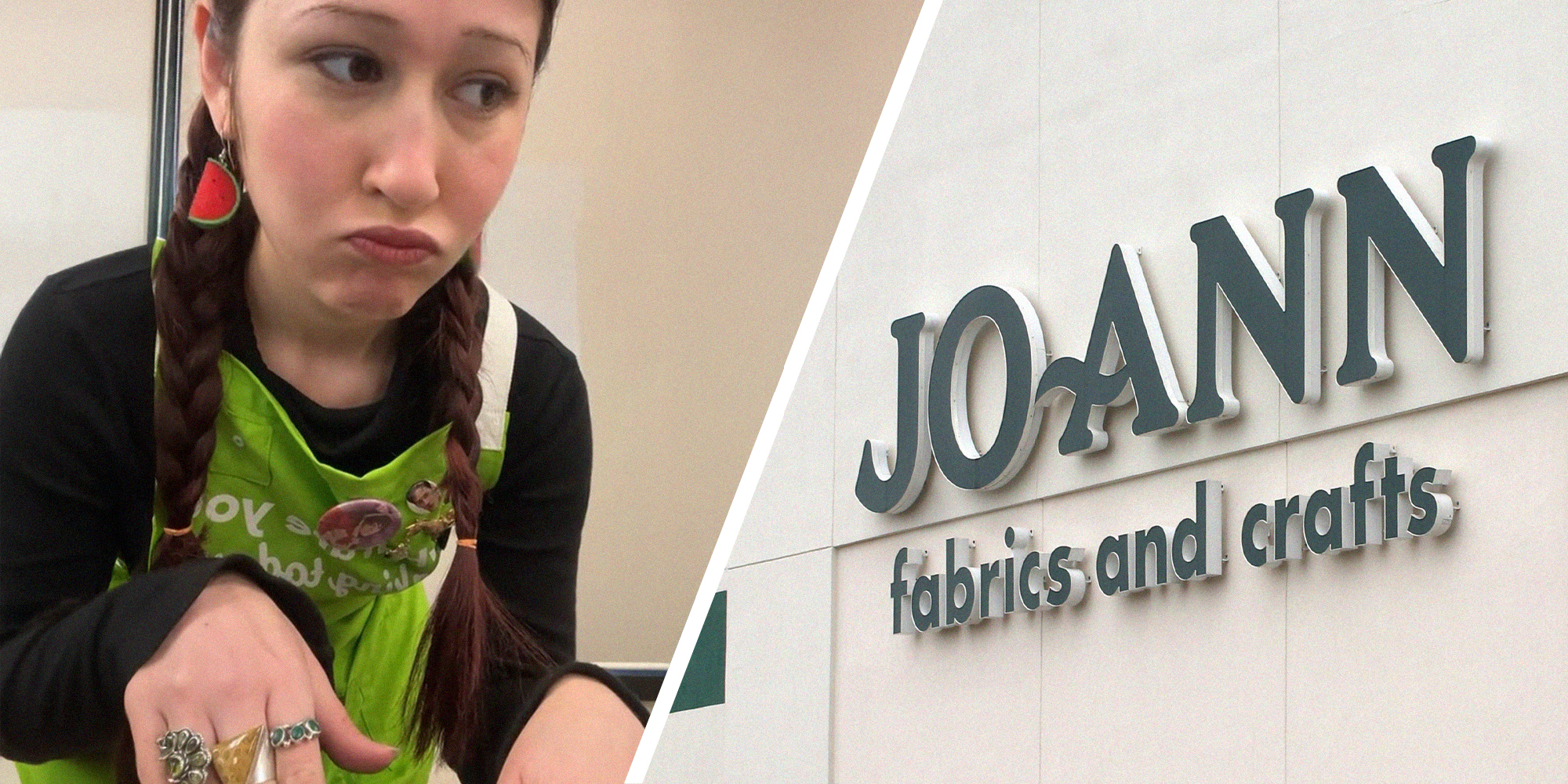 girl looking perplexed(l) Joann Fabrics and Crafts building sign(r)