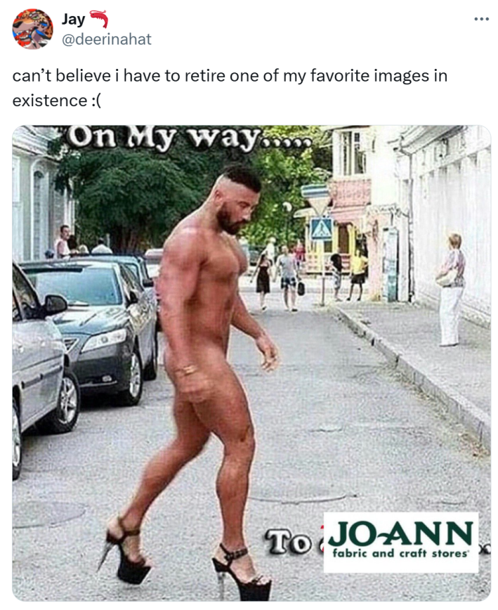 Joann Fabrics bankruptcy closure reaction, text reads, "can’t believe i have to retire one of my favorite images in existence :(" with a meme of a naked, buff man in pleaser pumps walking down the street. Text on the image reads, "On My way..... To Joann Fabrics."