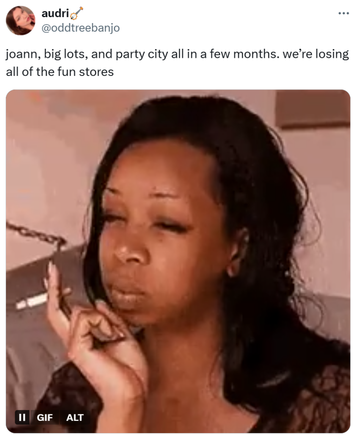 Joann Fabrics bankruptcy closure reaction, text reads, "joann, big lots, and party city all in a few months. we’re losing all of the fun stores" with a gif of a woman squinting and smoking.