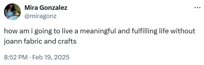 Joann Fabrics bankruptcy closure reaction, text reads, "how am i going to live a meaningful and fulfilling life without joann fabric and crafts"