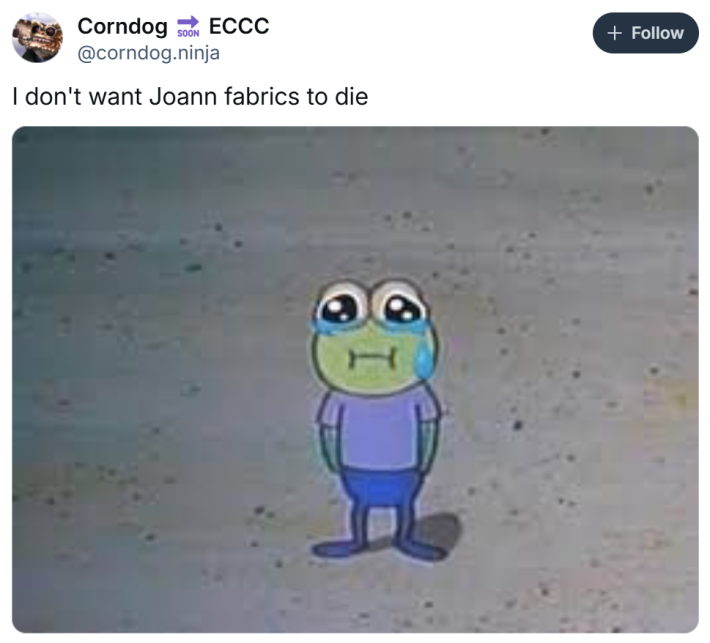 Joann Fabrics bankruptcy closure reaction, text reads, "I don't want Joann fabrics to die" with a cartoon of a sad frog.