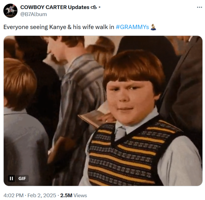 Kanye West Bianca Censori Grammy Awards tweet with a gif of a kid waving and then making a confused face.