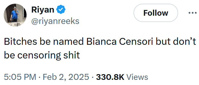 Tweet reading "Bitches be named Bianca Censori but don’t be censoring shit."