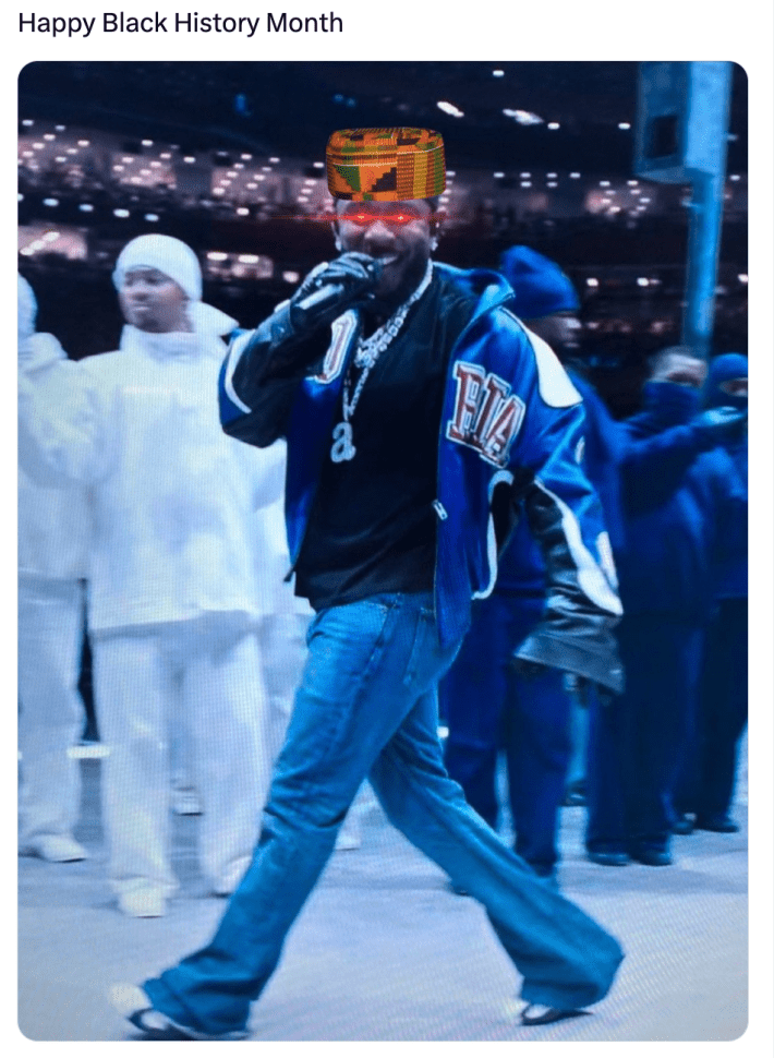 Kendrick Lamar superbowl meme, text reads, "Happy Black History Month"