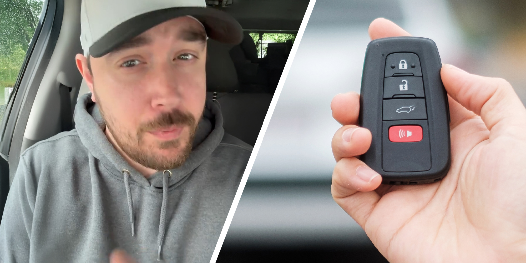 Man shares tip for key fob while inside of his car(r) Person holding car key fob(r)