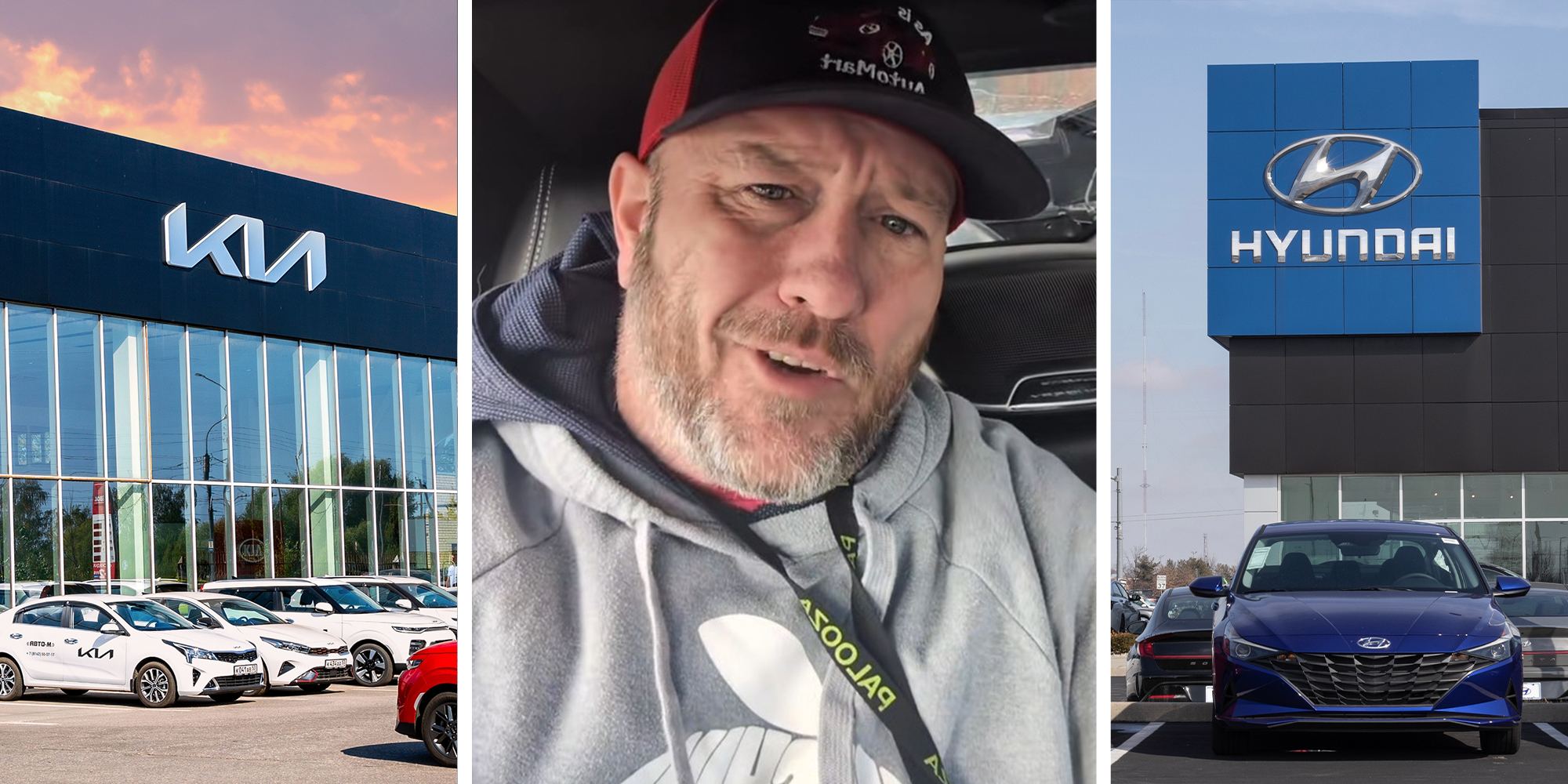 Kia Dealer(l) Man shares worst used cars to buy(c) Hyundai dealer with blue car infront(r)