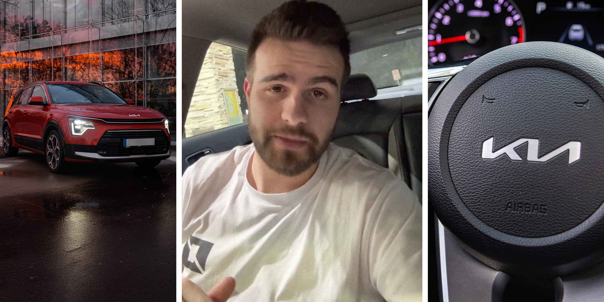 Kia Hybrid Vehicle(l) Man shares warning he got on his Kia's Dash(c) Kia Logo on steering wheel(r)