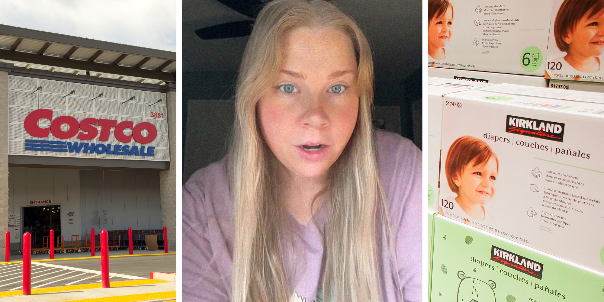 Costco Wholesale store front(l) woman looking shocked(c) Kirkland diaper boxes(r)