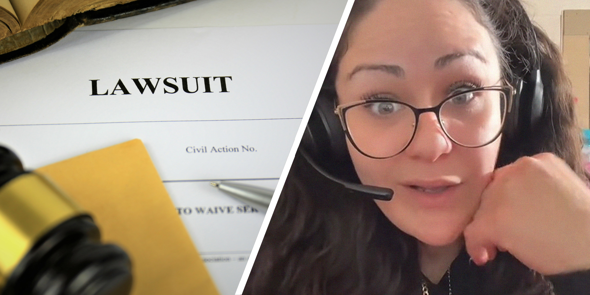 Lawsuit text on paper(l) Woman shares why she is getting sued(r)