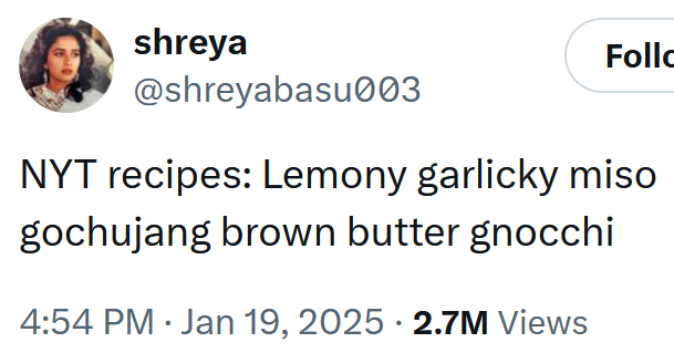 Tweet reading "NYT recipes: Lemony garlicky miso gochujang brown butter gnocchi."