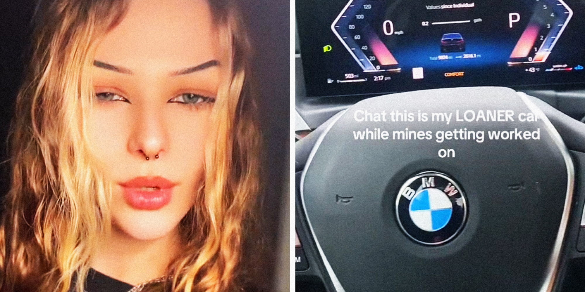 2 panel image: on the left is a person explaining. On the right is the interior of a car with text over: Chat this is my LOANER car while mines getting worked on