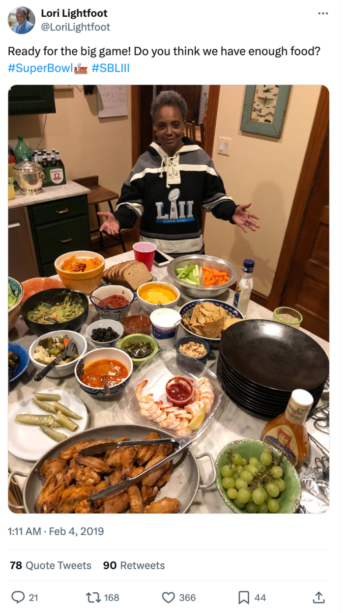 Lori Lightfoot, past Chicago mayor, excitedly showing off her Superbowl spread.