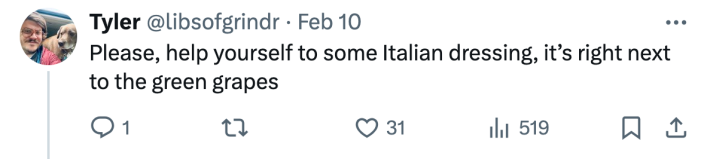 Tweet response to Lori Lightfoot's Superbowl spread. Text reads, "Please, help yourself to some Italian dressing, it’s right next to the green grapes"