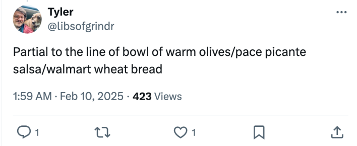 Tweet response to Lori Lightfoot's Superbowl spread. Text reads, "Partial to the line of bowl of warm olives/pace picante salsa/walmart wheat bread"