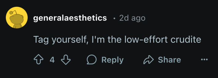 Reddit comment about ex-mayor of Chicago's Super Bowl spread. Text reads, "Tag yourself, I'm the low-effort crudite"