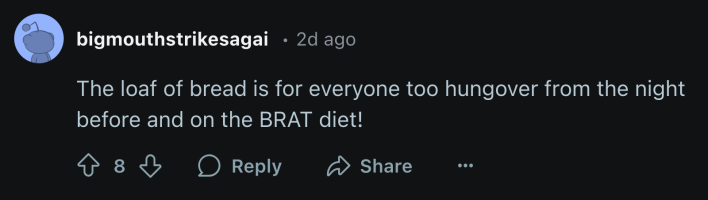 Reddit comment about ex-mayor of Chicago's Super Bowl spread. Text reads, "The loaf of bread is for everyone too hungover from the night before and on the BRAT diet!"