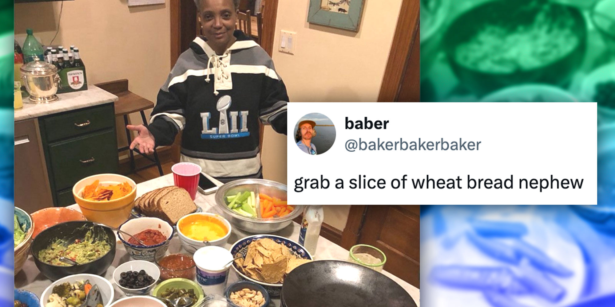 A photo of Lori Lightfoot presenting her Superbowl spread; A tweet from user @bakerbakerbaker that reads "grab a slice of wheat bread nephew".