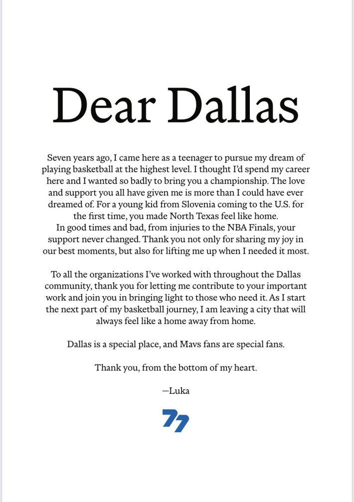 Luka Doncic's farewell tweet to Dallas.