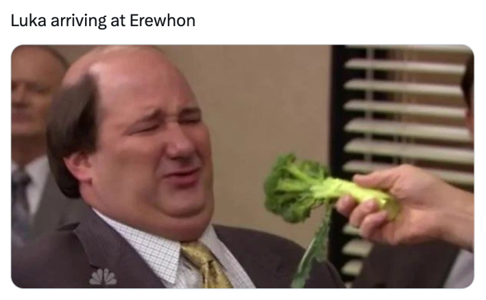 Luka Doncic meme, text reads, "Luka arriving at Erewhon" with a screencap from a TV show of a man cringing at a head of broccoli.