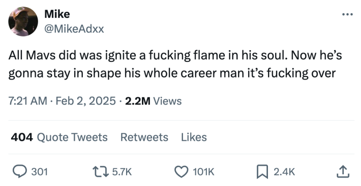 Luka Doncic meme, text reads, "All Mavs did was ignite a fucking flame in his soul. Now he’s gonna stay in shape his whole career man it’s f*cking over"