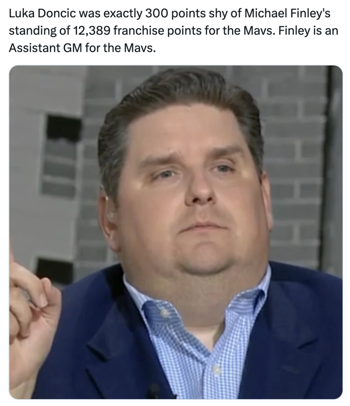 Luka Doncic meme, text reads, "Luka Doncic was exactly 300 points shy of Michael Finley's standing of 12,389 franchise points for the Mavs. Finley is an Assistant GM for the Mavs." with a photo of a large man looking contemplative.