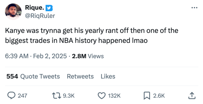 Luka Doncic meme, text reads, "Kanye was trynna get his yearly rant off then one of the biggest trades in NBA history happened lmao"