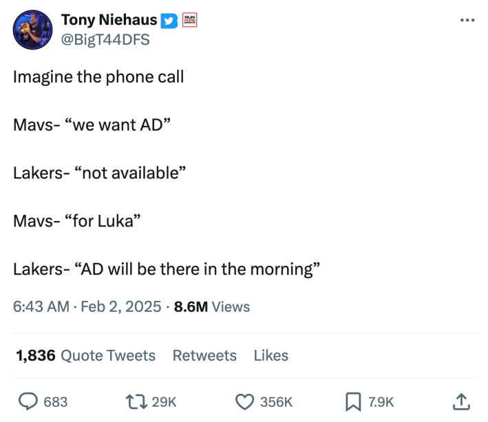 Luka Doncic meme, text reads, "Imagine the phone call Mavs- 'we want AD' Lakers- 'not available' Mavs- 'for Luka' Lakers- 'AD will be there in the morning'”