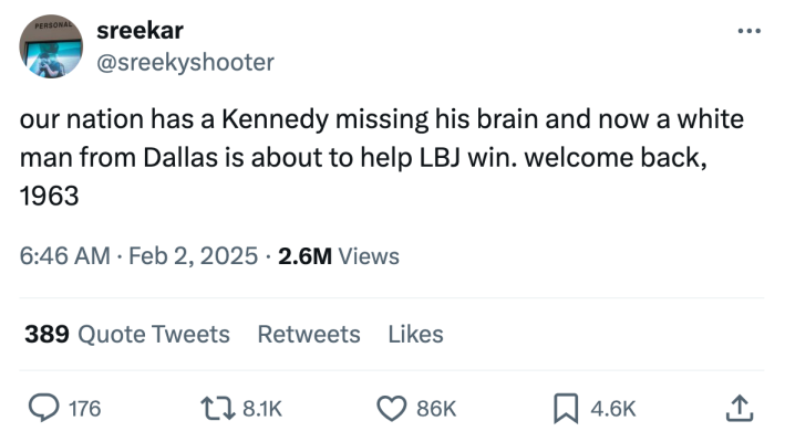 Luka Doncic meme, text reads, "our nation has a Kennedy missing his brain and now a white man from Dallas is about to help LBJ win. welcome back, 1963"