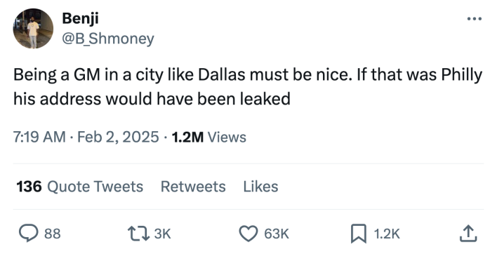 Luka Doncic meme, text reads, "Being a GM in a city like Dallas must be nice. If that was Philly his address would have been leaked"