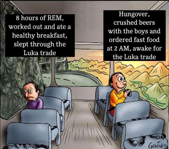 Luka Doncic meme of the sad guy happy guy bus meme, text reads, "8 hours of REM, worked out and ate a healthy breakfast, slept through the Luka trade. / Hungover, crushed beers with the boys and ordered fast food at 2 AM, awake for the Luka trade."