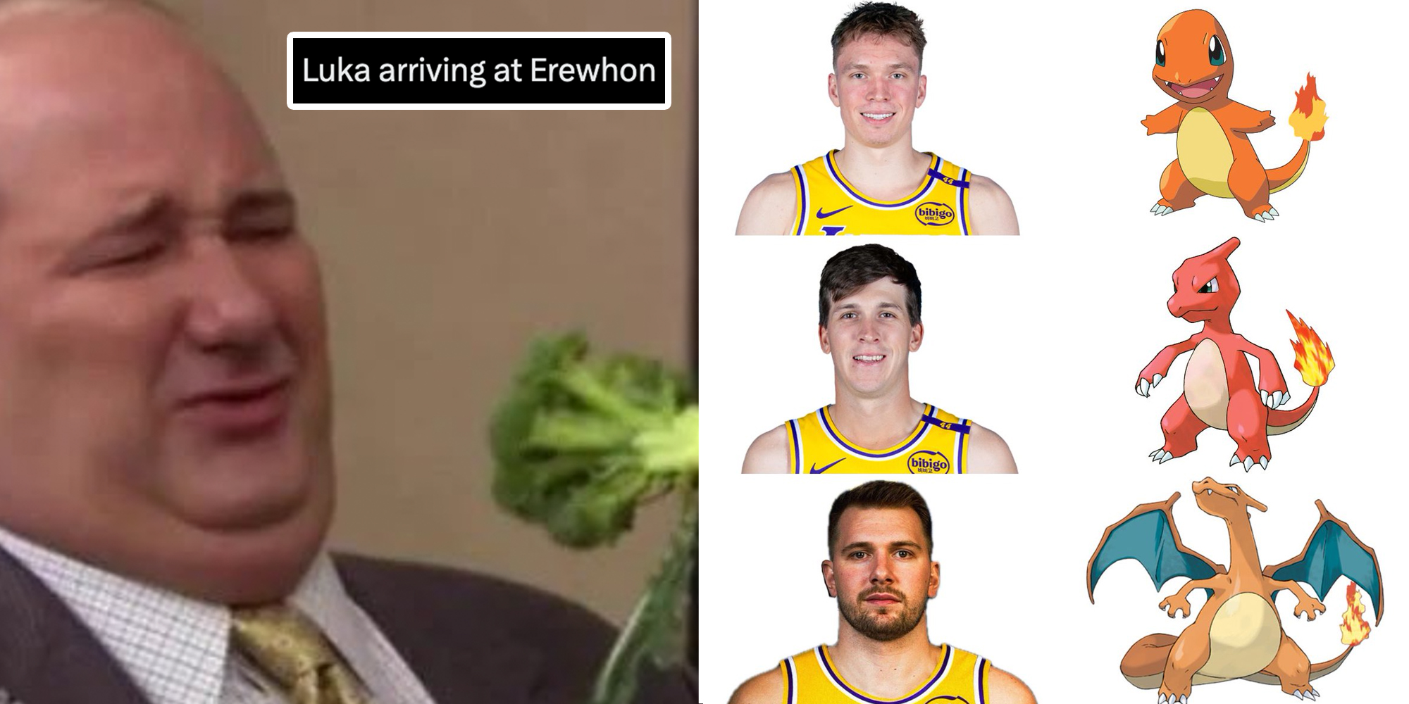 Man refusing broccoli(l), Basketball players and Pokemon(r)