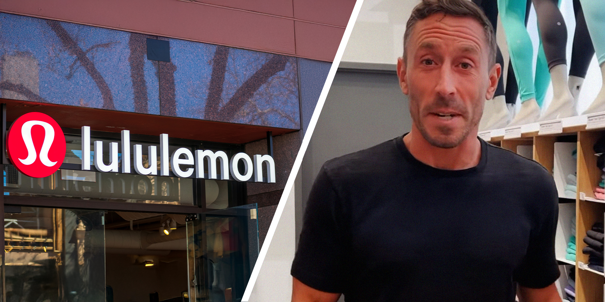 Lululemon logo sign(l) man shares warning for lululemon pants(r)