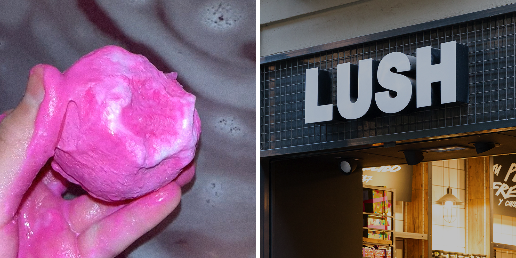 Fuchsia bath bomb held in hand over sudsy bath tub on left. Lush Cosmetics storefront on right.