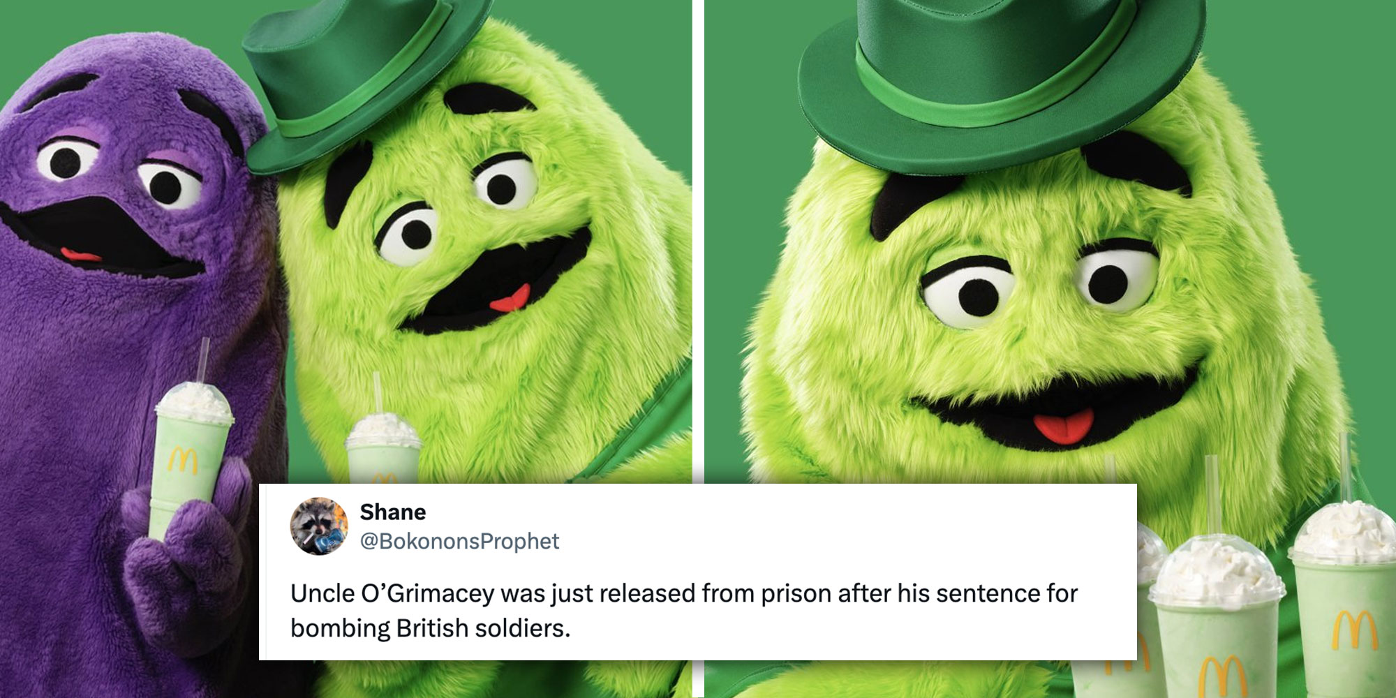 Side by side photos of McDonald's mascots Grimace and Uncle O'Grimacey with a tweet from @BokononsProphet that reads "Uncle O’Grimacey was just released from prison after his sentence for bombing British soldiers."