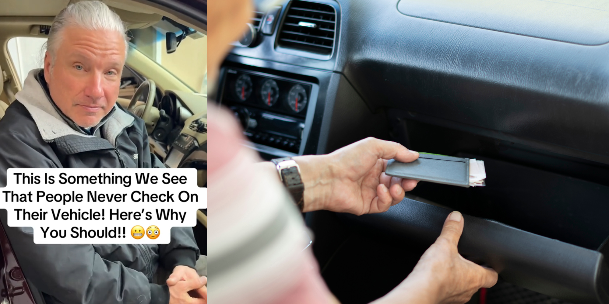 A person speaking to the camera next to a glove compartment in the car.