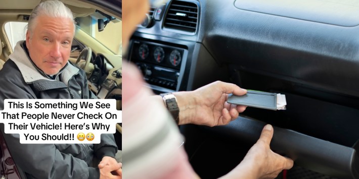 A person speaking to the camera next to a glove compartment in the car.