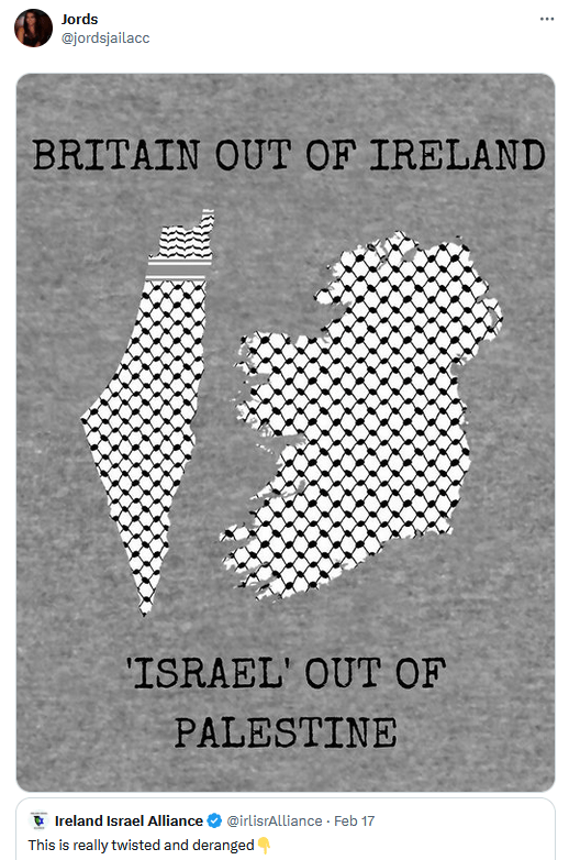 Tweet with a textured image of Palestine and Ireland reading "Britain out of Ireland, 'Israel' out of Palestine."