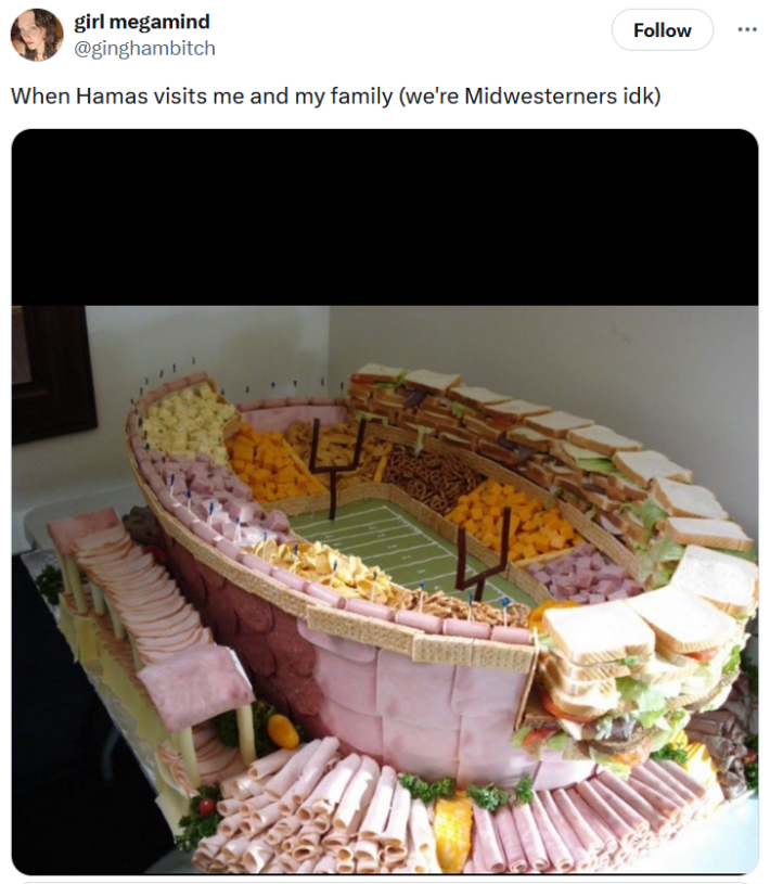 Me when Hamas visits me and my family meme with a photo of a stadium model made from sandwiches and cold cuts.