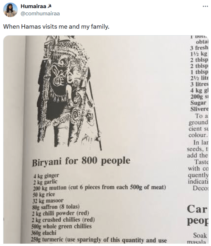 Me when Hamas visits me and my family meme with a photo of a recipe titled "Biryani for 800 people."
