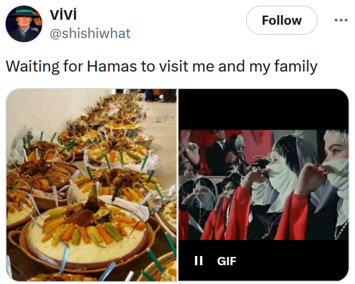 Me when Hamas visits me and my family meme with a photo of a table covered in food platters and a gif of women in head coverings saluting.