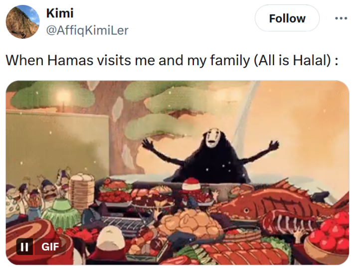 Me when Hamas visits me and my family meme with a screenshot from Spirited Away with the No-Face raising its arms in front of a ton of food.