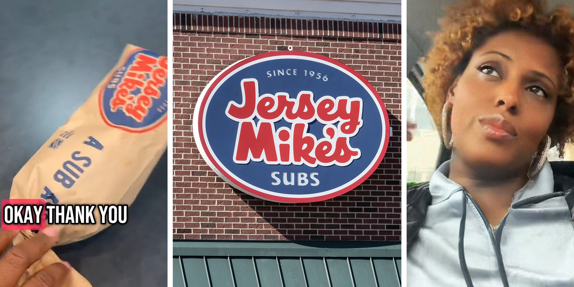 Mike Subs(l) Jersey Mike's Sign(c) Woman shares what she buys at Jersey Mike's(r)
