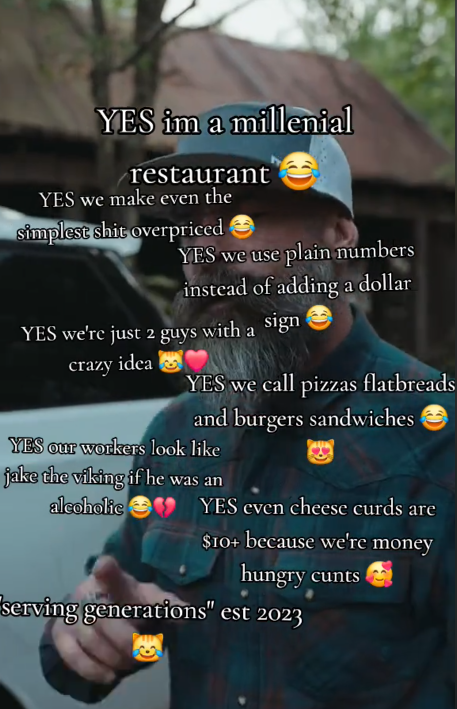 TikTok video of a bearded man covered in text statements starting in "YES."