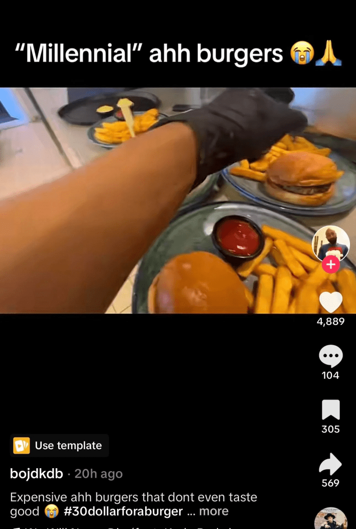 Instagram video showing plain burgers and fries on metal plates.