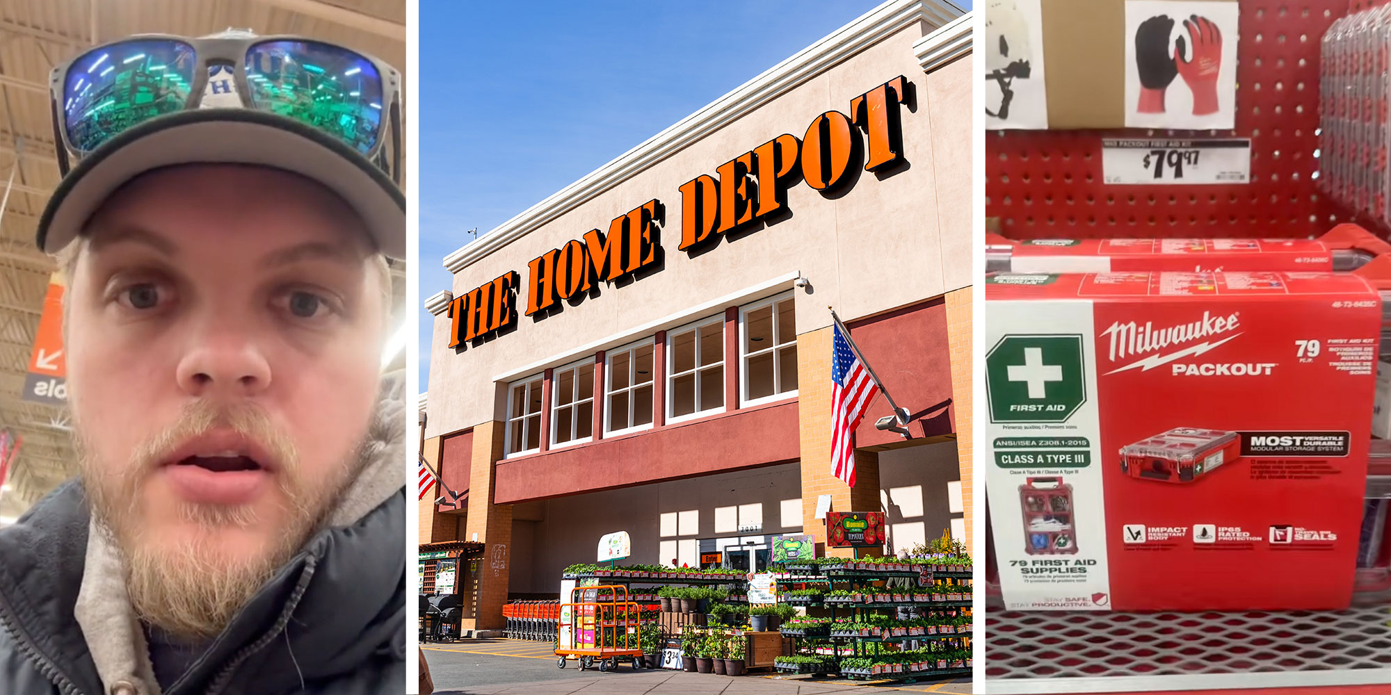 Screenshot of Tiktok user @brickbybrick034; Photo of a Home Depot exterior; Screenshot from@brickbybrick034's Tiktok of a Milwaukee Tools First Aid Kit