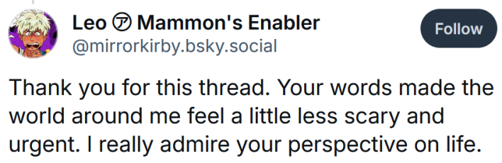 Bluesky post reading "Thank you for this thread. Your words made the world around me feel a little less scary and urgent. I really admire your perspective on life."